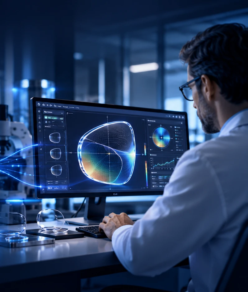 An optical engineer at a workstation reviewing a digital progressive lens design, with lens samples on the desk of a modern laboratory.