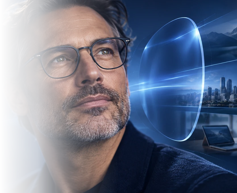 A man wearing Excellence Lenses eyewear, with light passing through a progressive lens toward distant, intermediate and near scenes.
