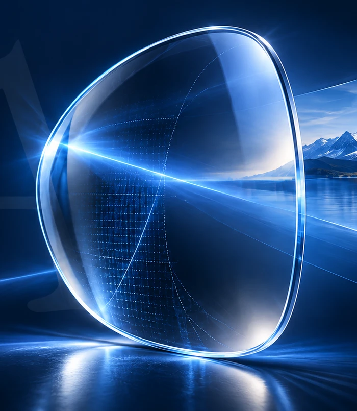 The LEVEL A progressive lens with blue light passing through it.
