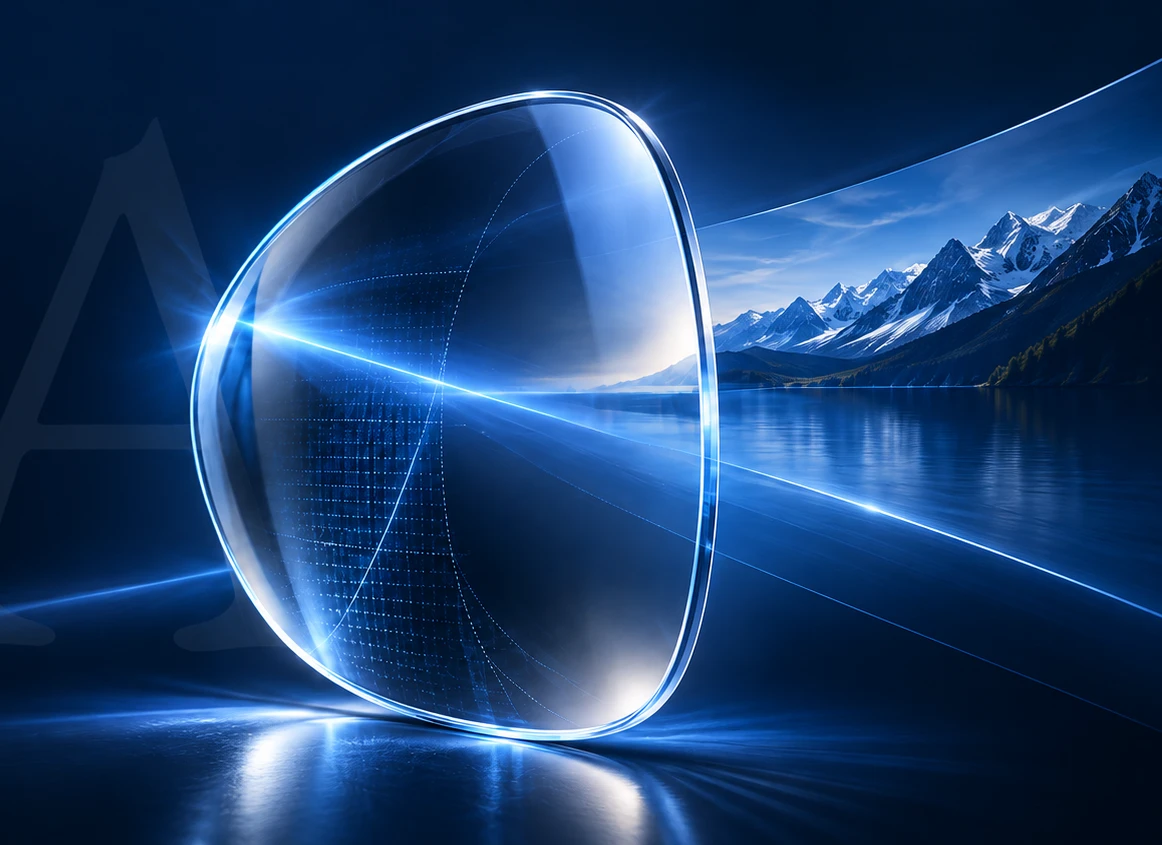 The LEVEL A progressive lens, with blue light passing through it toward a mountain landscape.