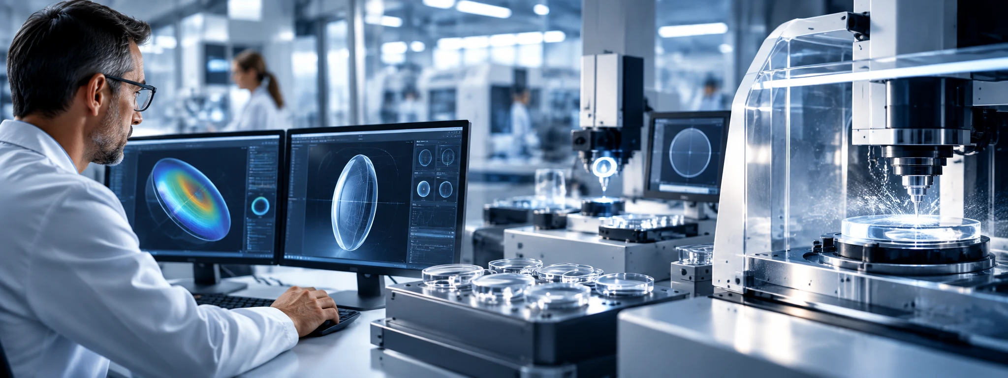 An optical engineer reviewing digital lens designs on screen beside freeform lens manufacturing equipment.