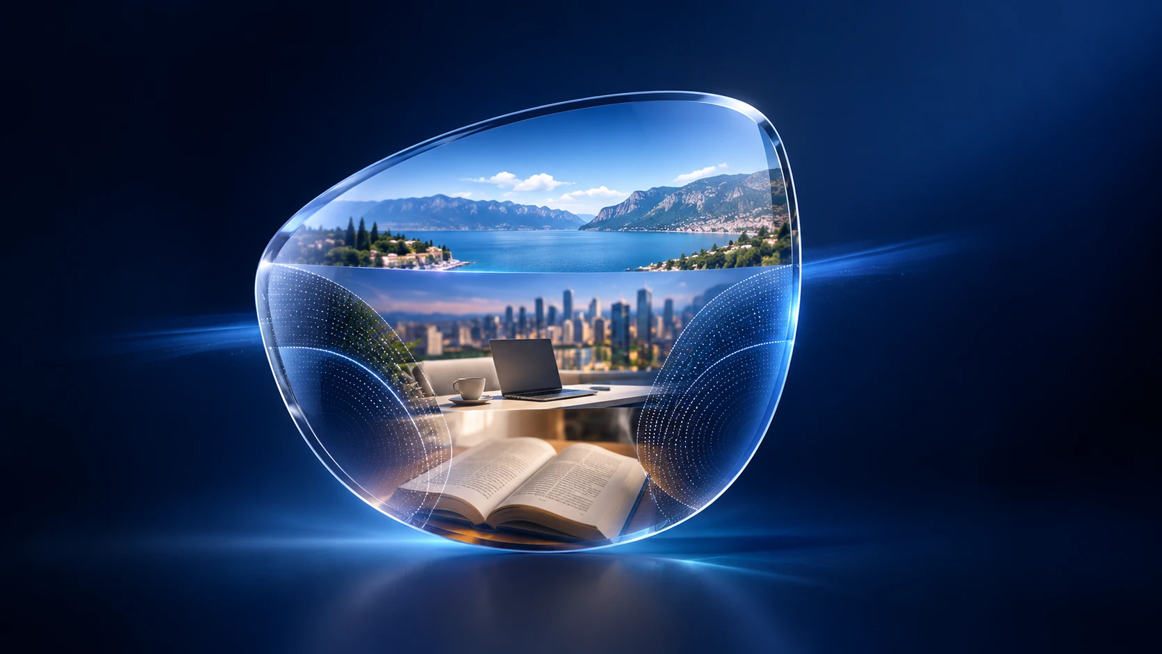 A progressive lens showing a distant coastline at the top, a desk with a laptop in the middle and an open book at the bottom.