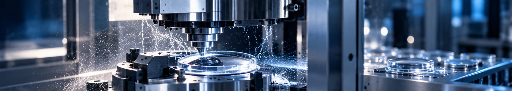 A precision freeform machine surfacing an optical lens.