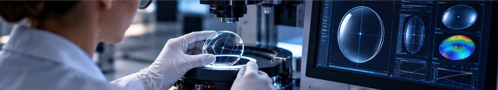 A technician in gloves inspecting a finished lens at an optical measurement station.